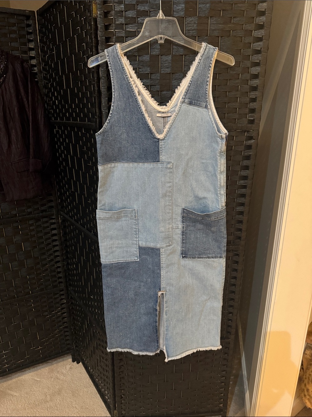 Denim Patchwork V-Neck Midi Dress in Two-Tone Blue